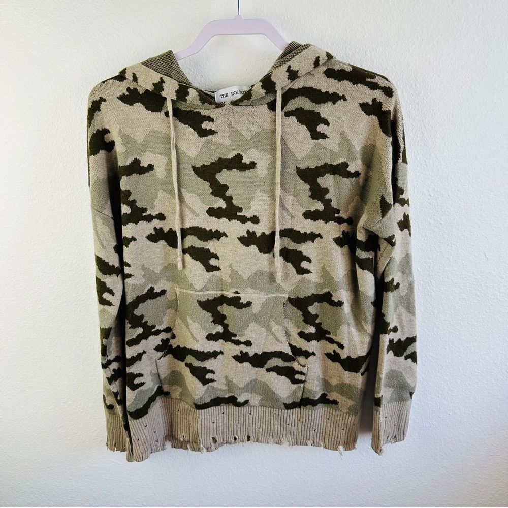 The Pink Box‎ Green Brown Wool Blend Distressed Hoodie Sweater Size S